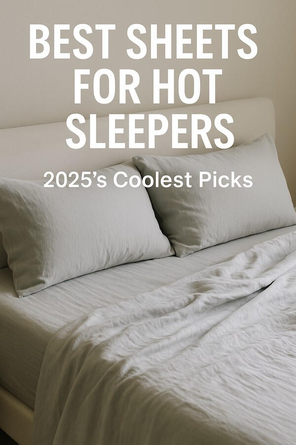 A neatly made bed with white cooling sheets and soft lighting, overlaid with the text “Best Sheets for Hot Sleepers” in bold font.